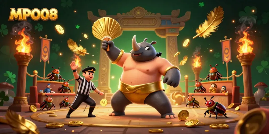 Witness MPO08 in action as the rhinoceros beetle champion triumphantly scatters golden coins during a thrilling casino match.