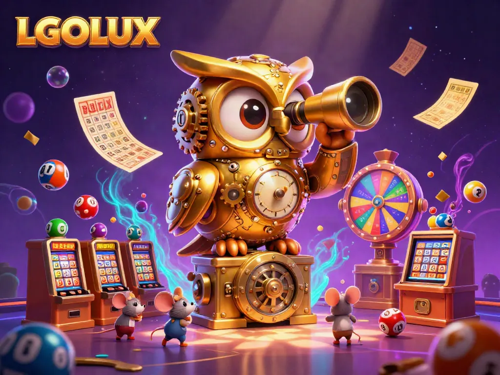 Experience excitement with LGOLUX featuring a clockwork owl and vibrant game elements in a dynamic casino scene.