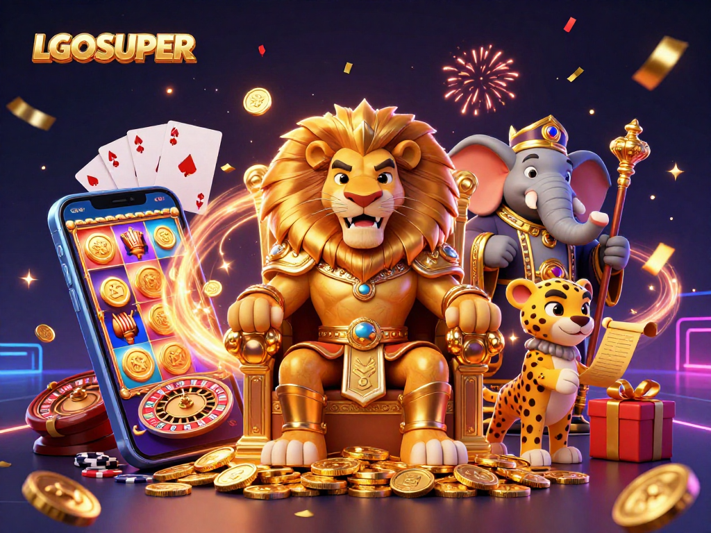 Engage with LGOSUPER's thrilling slot games featuring a regal lion king, vibrant gaming elements, and celebration effects.