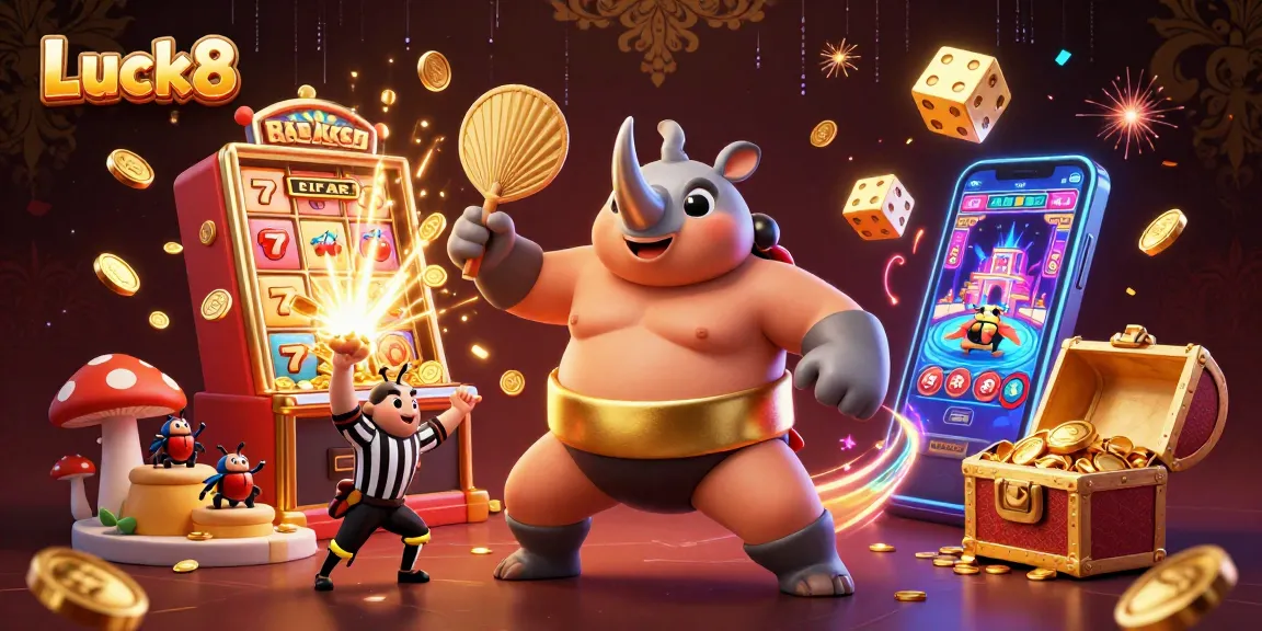 Experience Luck8 as a powerful beetle champion stomps gold coins amidst a vibrant casino explosion.