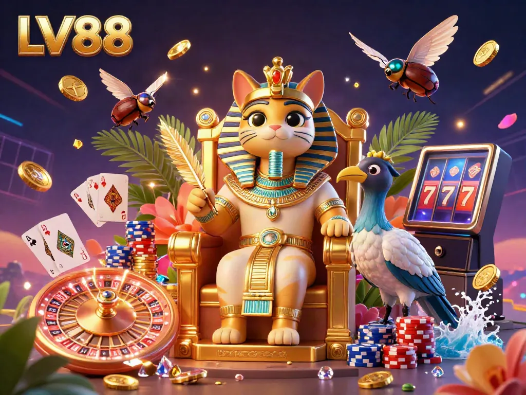 Engage with LV88's exciting online casino world featuring dynamic elements like golden coins and a spinning roulette wheel.