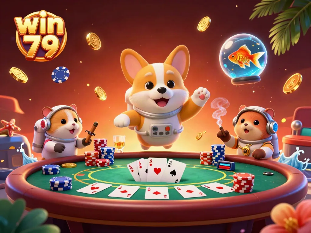 Experience thrilling gaming with win 79 in this space-themed casino illustration featuring a poker scene.