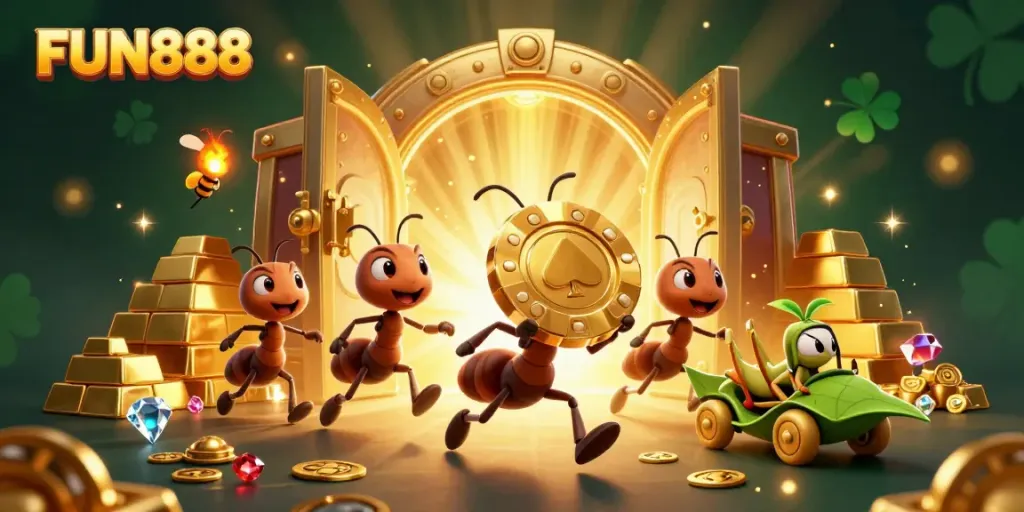 Engage in the FUN888 heist as ants transport a giant poker chip in a vibrant casino setting.