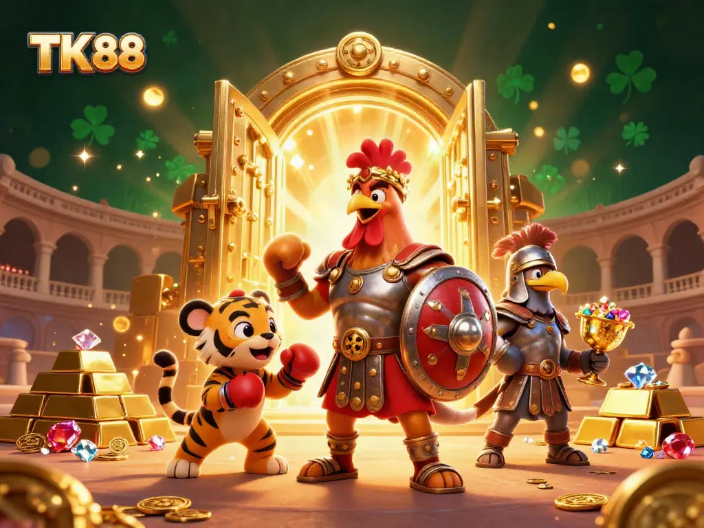 Experience thrilling wins with TK 88 at a lively casino featuring a gladiator rooster, tiger cub, and golden treasures.