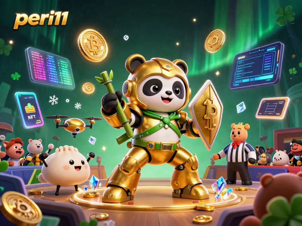 Engage with the dynamic peri11 gaming scene featuring golden panda mech and crypto elements.