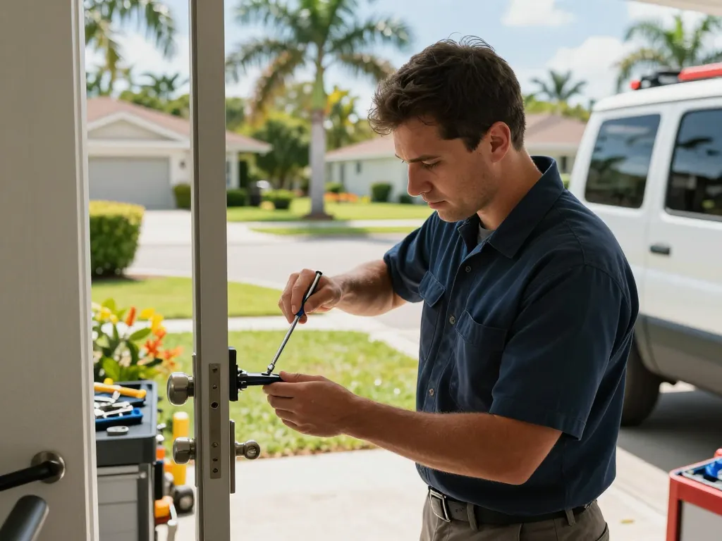 Locksmith Port St. Lucie expertly repairing a residential door lock in a sunny neighborhood.
