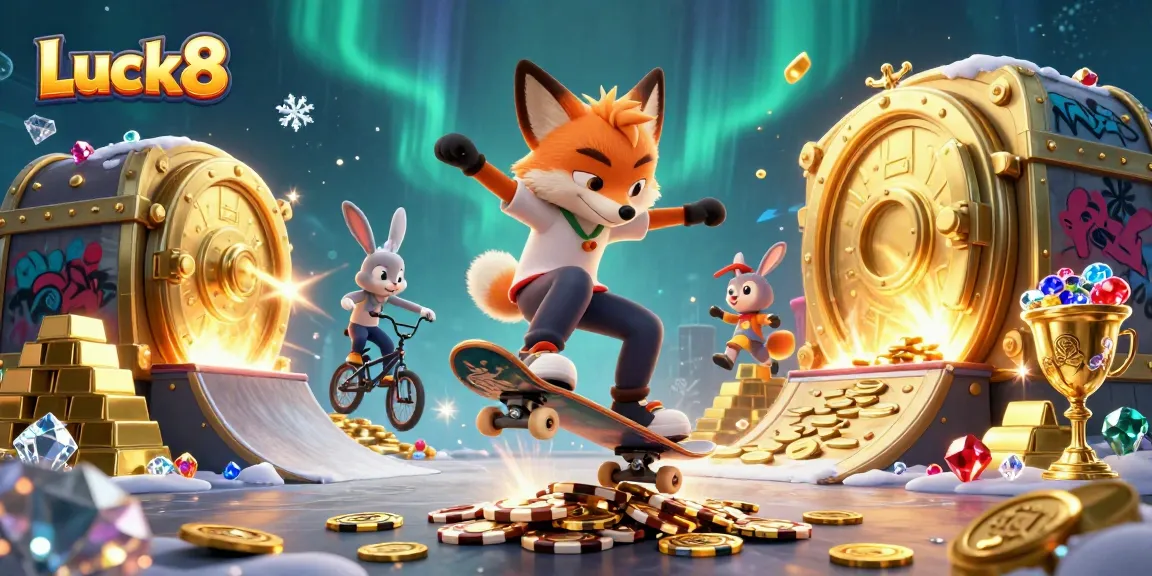 Luck8 enhances your gaming with vibrant casino-themed 3D artwork featuring dynamic characters in action.
