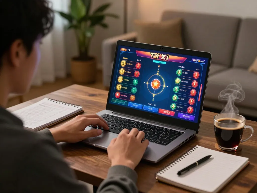 TaiXiuOnline8 gaming setup showing a player strategizing while playing online Tài Xỉu