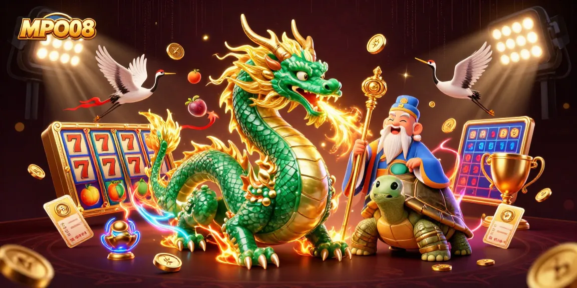 MPO08 engages players with a vibrant 3D scene featuring a dragon, turtle sage, and animated gaming elements.