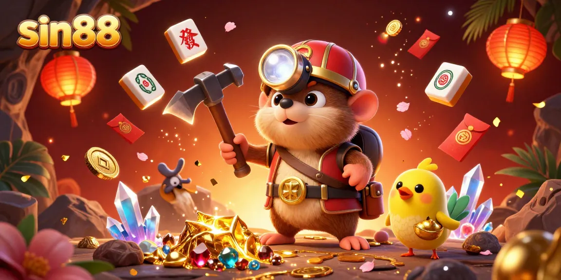 Win big with sin88 in a vibrant 3D casino-themed digital illustration filled with treasures and game elements.