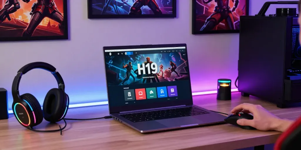 Engaging with H19 gaming platform on laptop in a modern gaming setup.