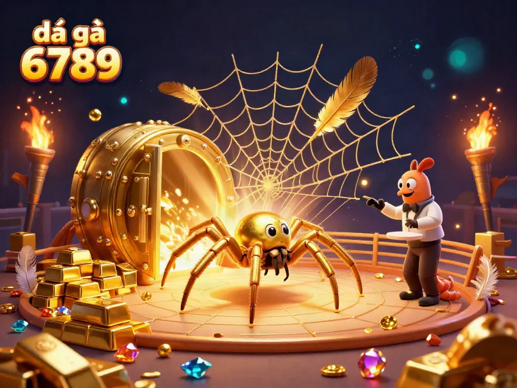 Experience thrilling cockfighting action with đá gà 6789 amidst golden treasures and vivid characters.