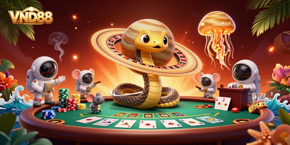 Experience thrilling bets with VND88 in a vibrant cosmic casino scene filled with poker action.