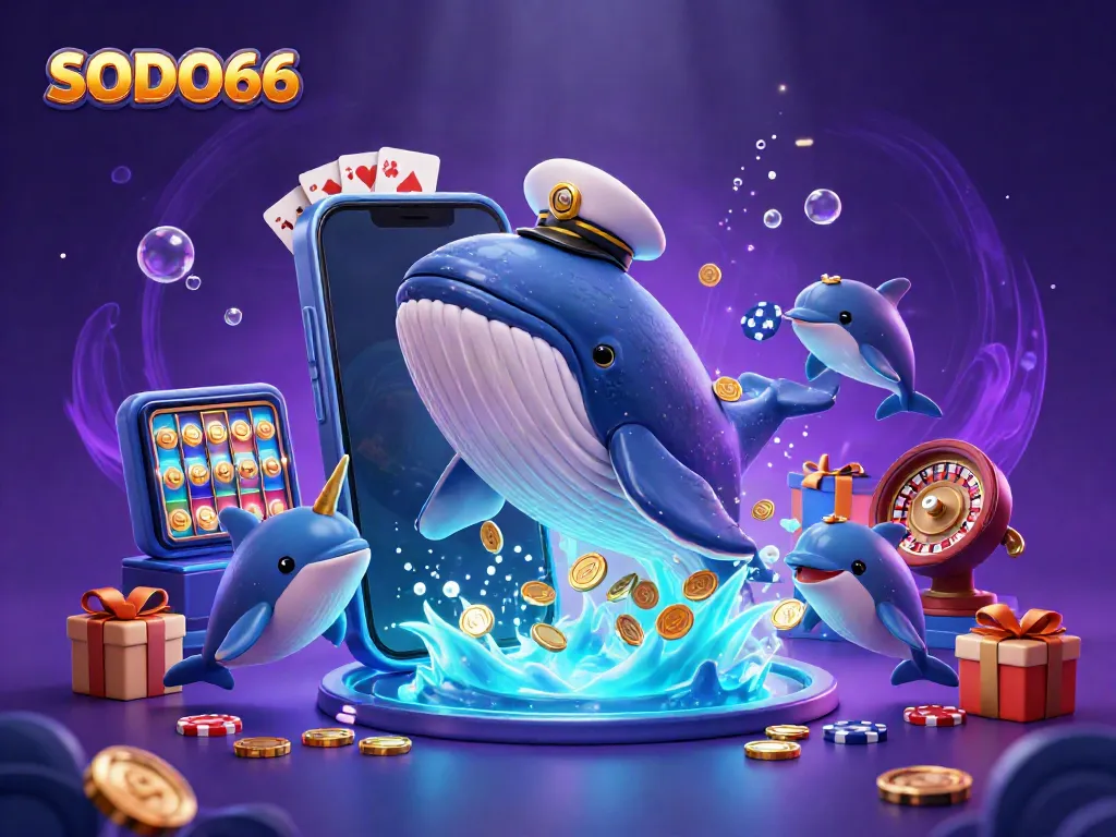 Engage with the vibrant world of SODO66 as a whale and marine friends celebrate in coins with game elements.