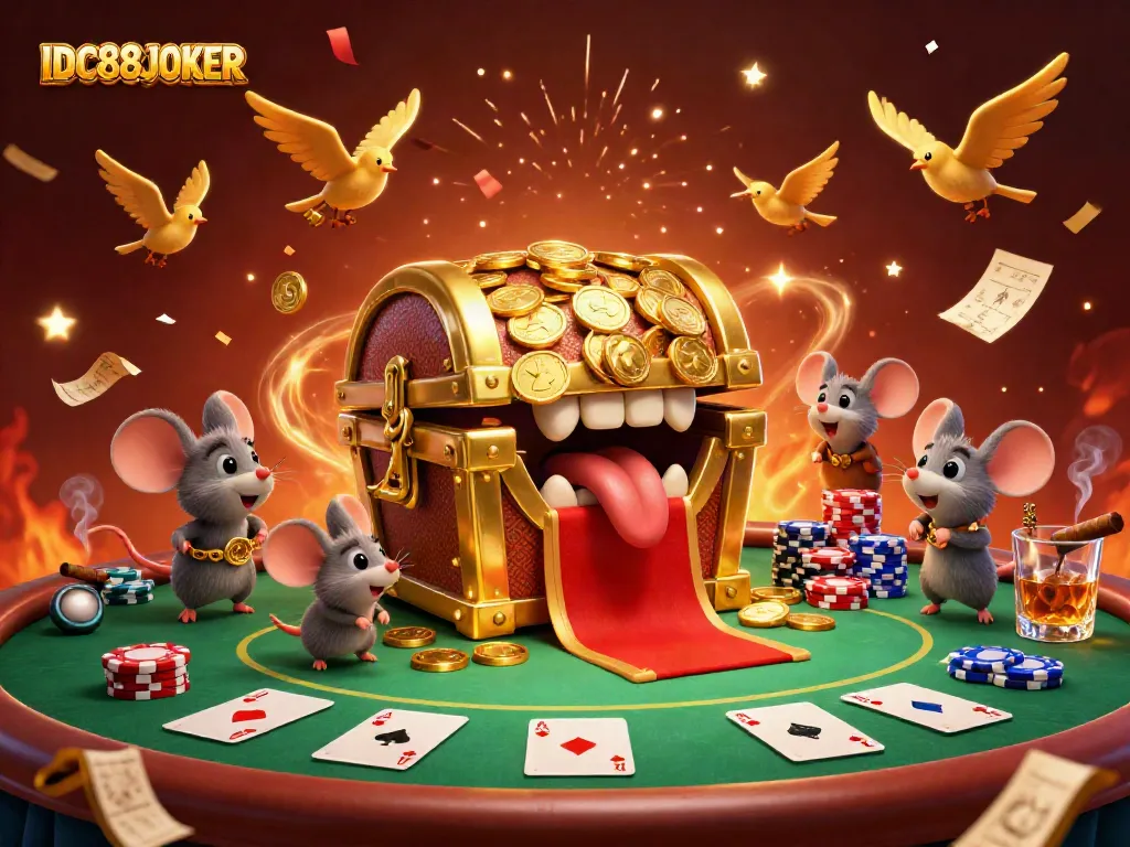Experience the excitement of IDC88JOKER with a vibrant poker scene and a treasure chest luring adventurer mice.
