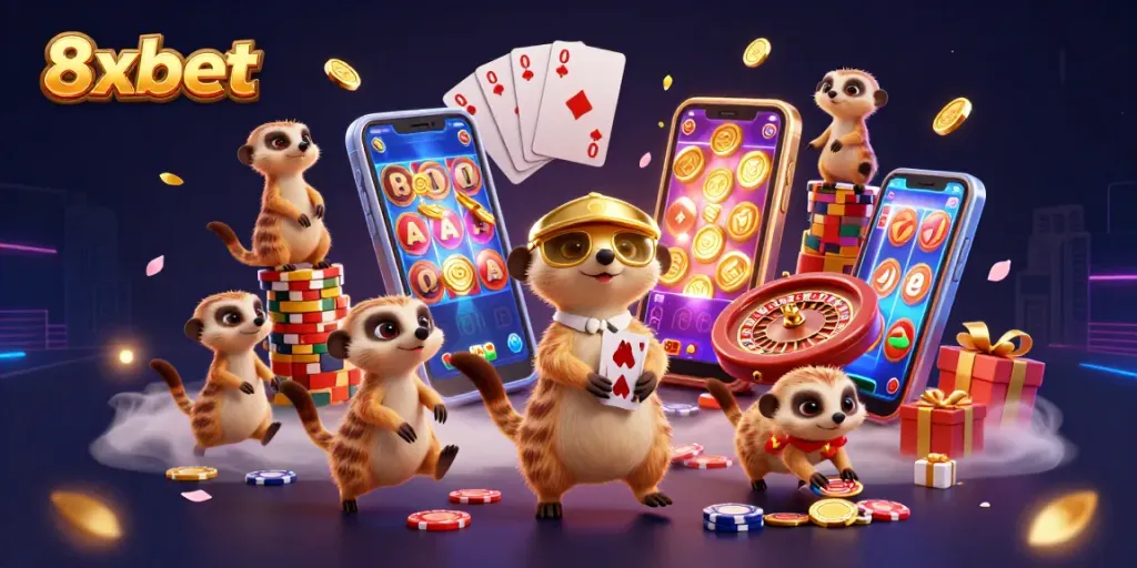 Experience the excitement of 8xbet with meerkat characters managing a vibrant casino scene.