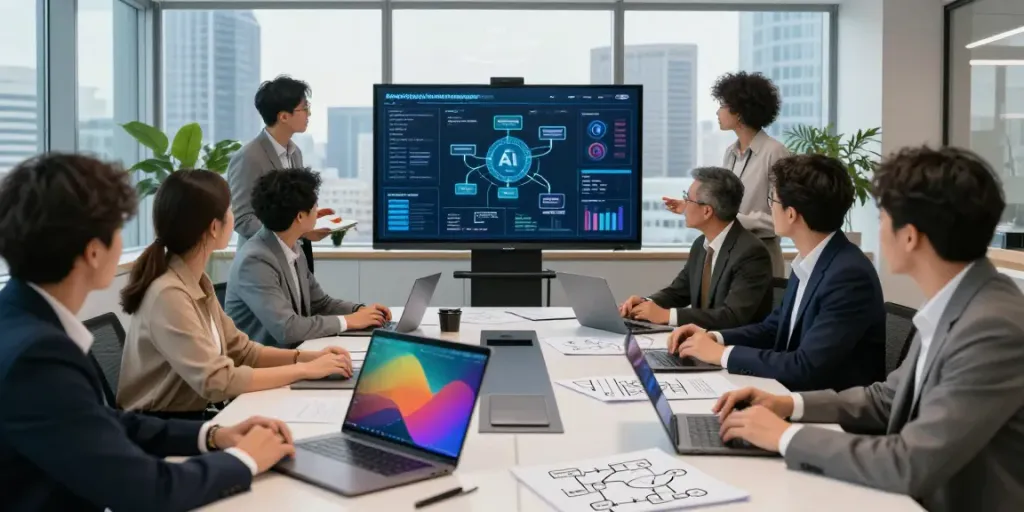 Collaboration scene focused on Enterprise AI strategies in a modern office.