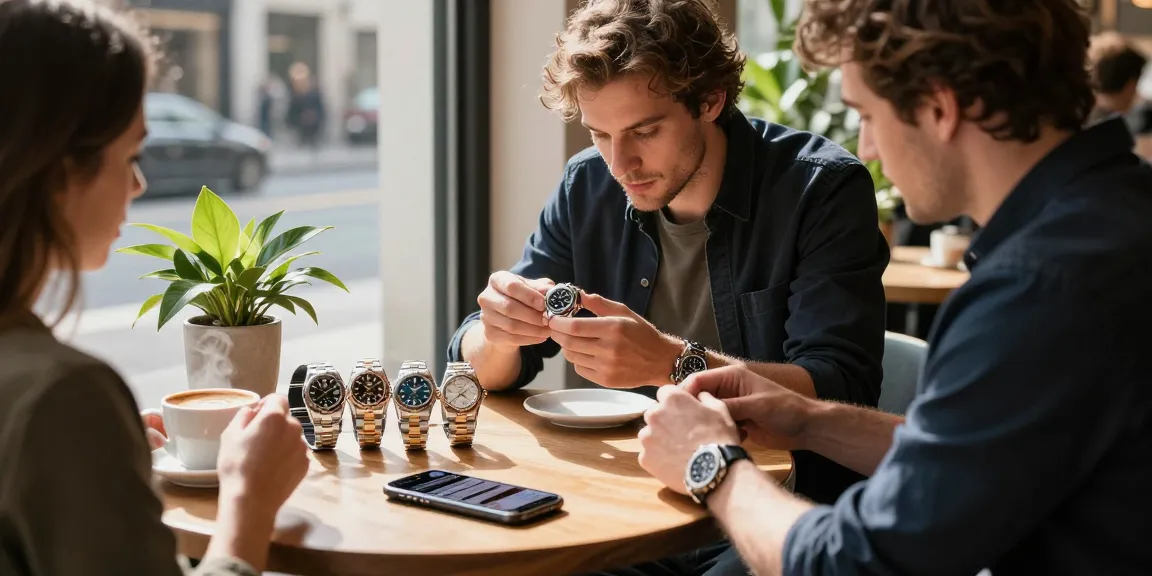 Rolex super clone watches displayed at a chic café table, highlighting luxury timepiece details and a watch enthusiast's passion.