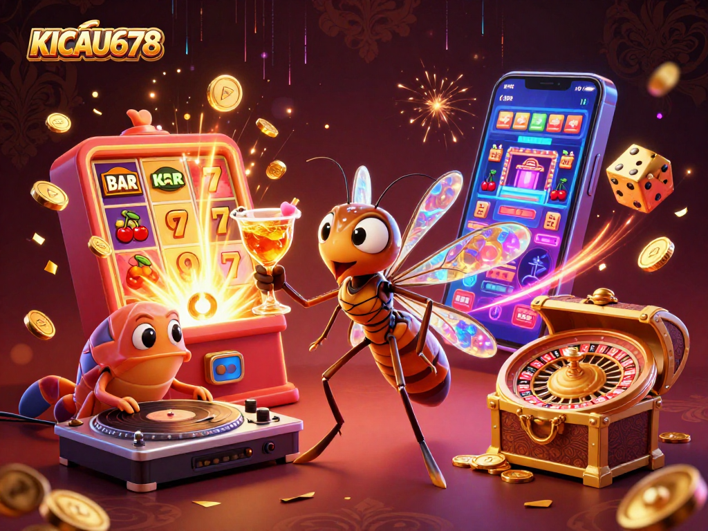 KICAU678 casino artwork showcasing a vibrant scene with a frozen mosquito mascot, trilobite DJ, and dynamic slot machine explosions.