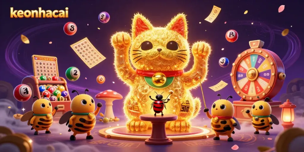 Engage with keonhacai's vibrant gambling scene featuring a lucky cat, dynamic lottery elements, and enchanting visuals.