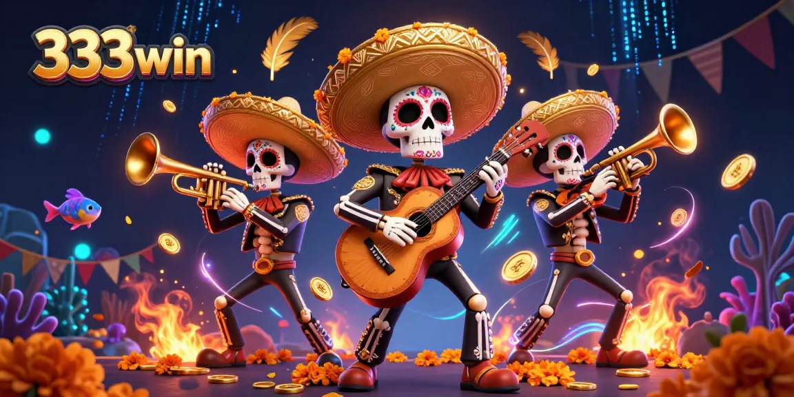 Shoot fish and win with 333win's vibrant 3D scene featuring colorful mariachi skeletons.