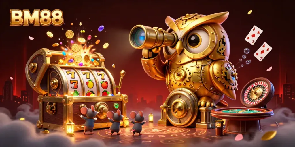 Experience the excitement of BM88 with a vibrant 3D illustration capturing a dynamic casino scene!