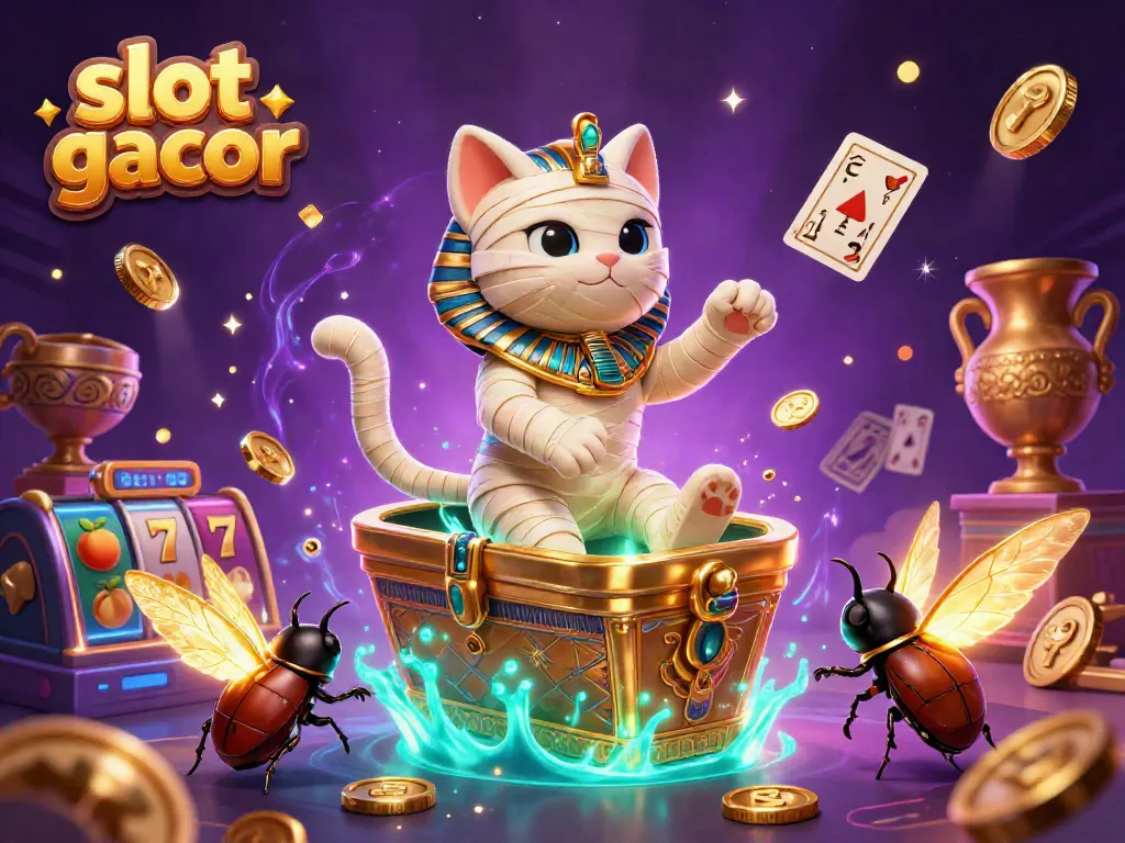 Experience slot gacor magic with a mummy cat and vibrant slot elements in a pyramid casino scene.