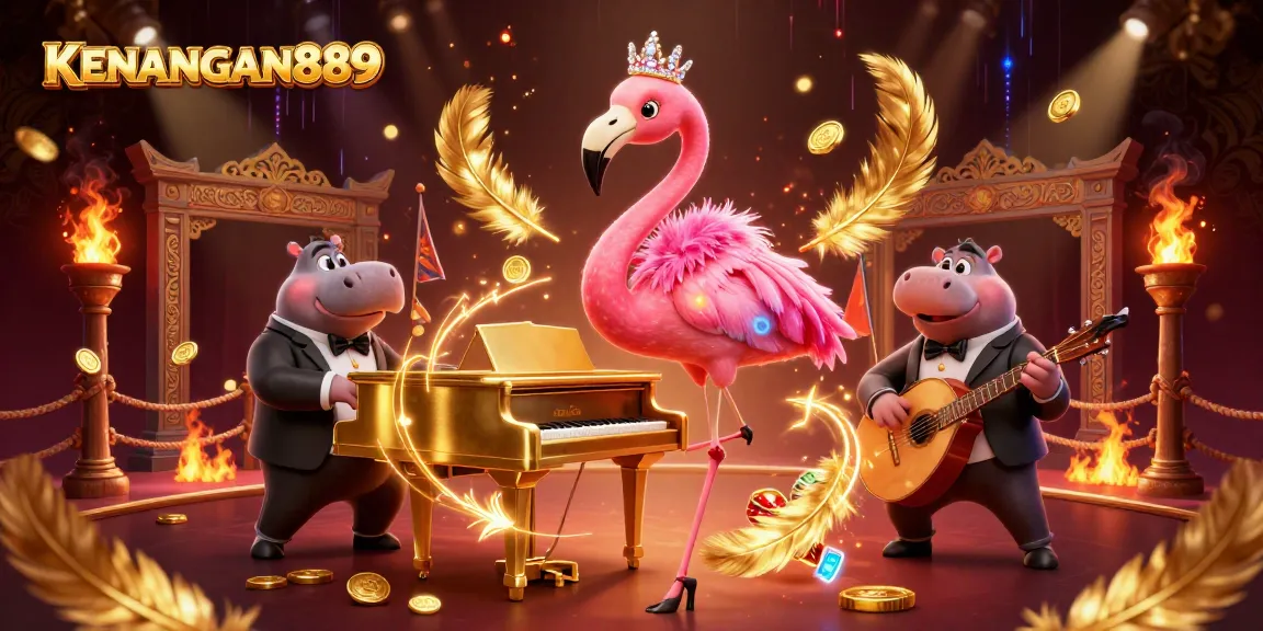 Experience the vibrant gaming world at KENANGAN889 with dazzling casino elements and lively characters.