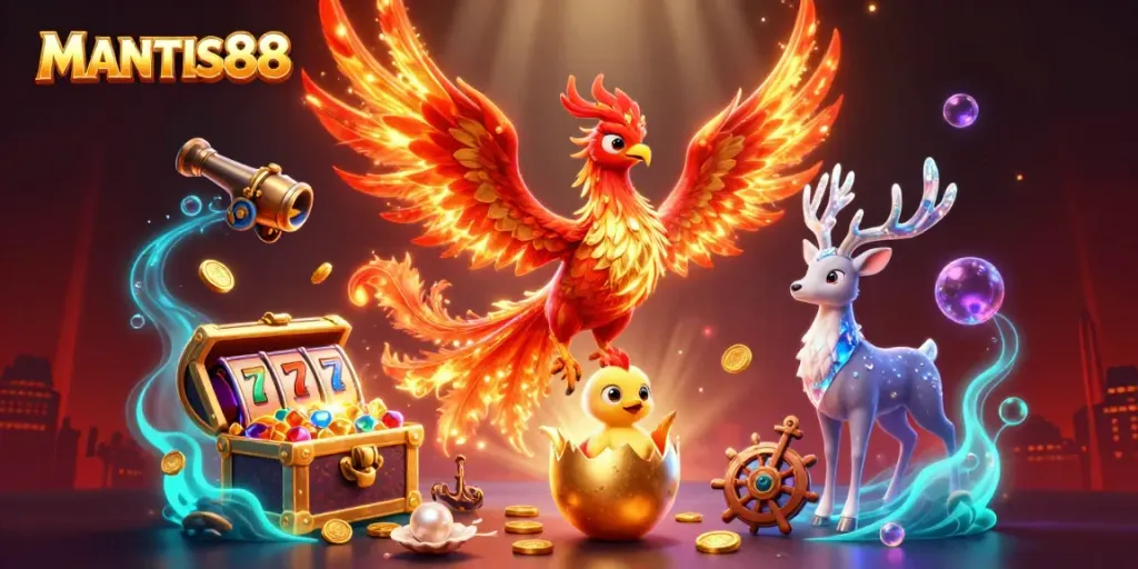 Experience thrilling gaming with MANTIS88 featuring phoenix elements and dynamic casino symbols.