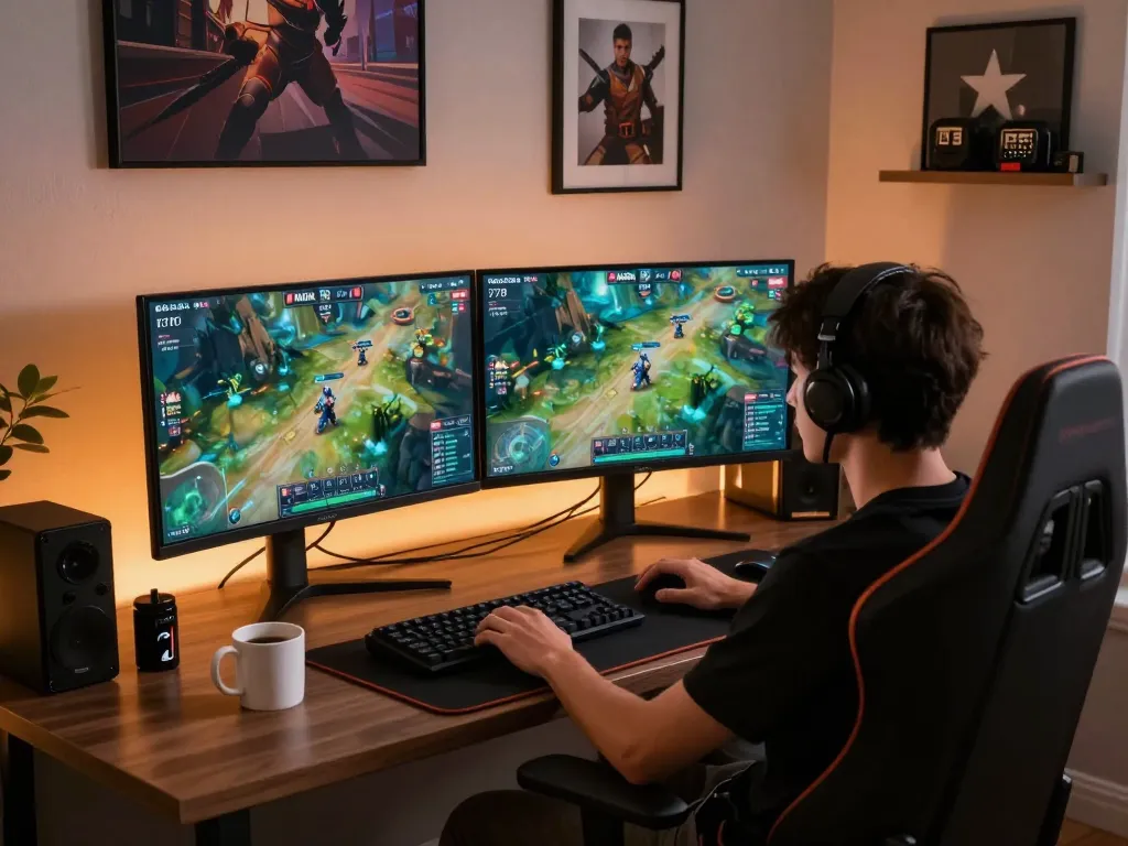 KADAL 778 player strategizing with dual screens in a modern gaming setup.