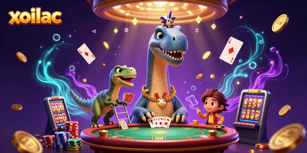 Xoilac enhances gaming with a colossal brontosaurus dealer amidst rich casino elements.