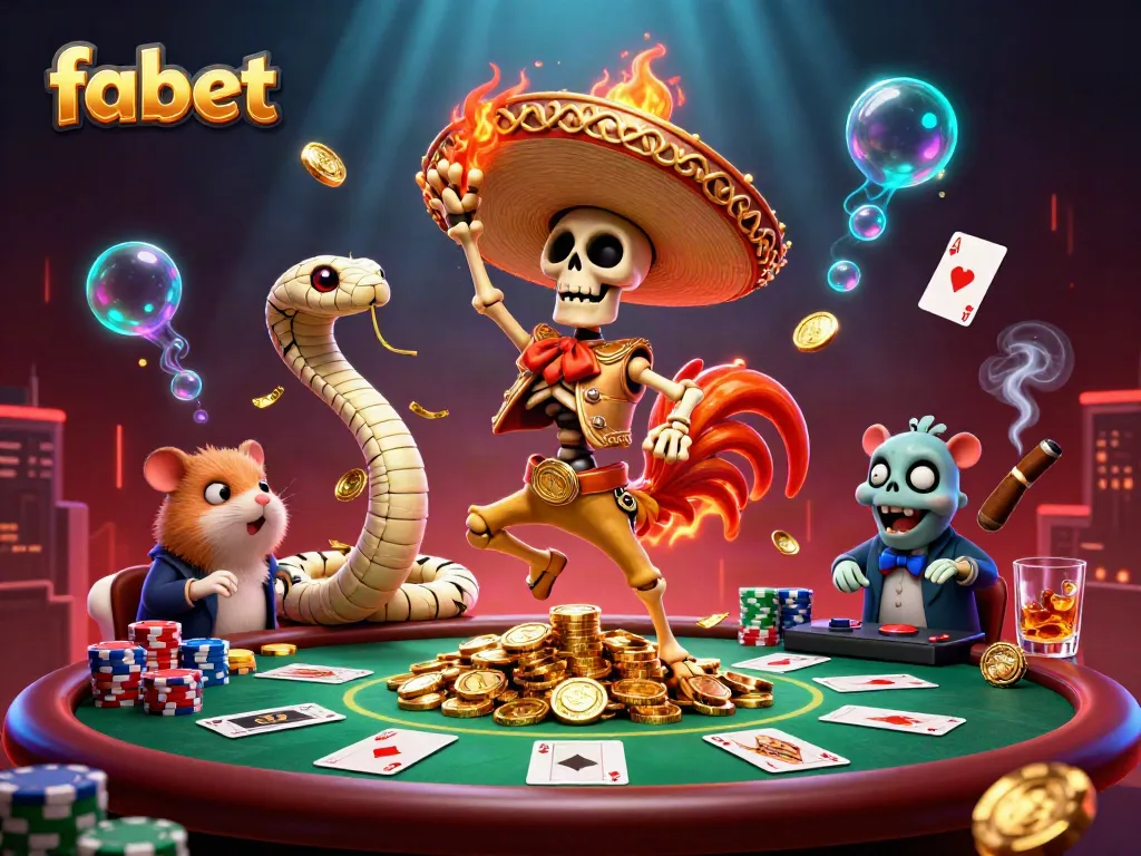 Fabet offers a thrilling casino experience with players dancing amidst poker chips, showcasing 3D characters in a dynamic scene.