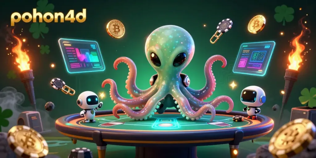 Engage in thrilling games at pohon4d with an alien octopus dealing poker at a holographic table.