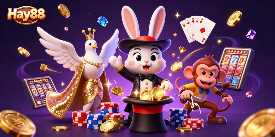 Feel the excitement at Hay88 with a magical scene featuring a magician rabbit and playful characters grabbing poker chips.