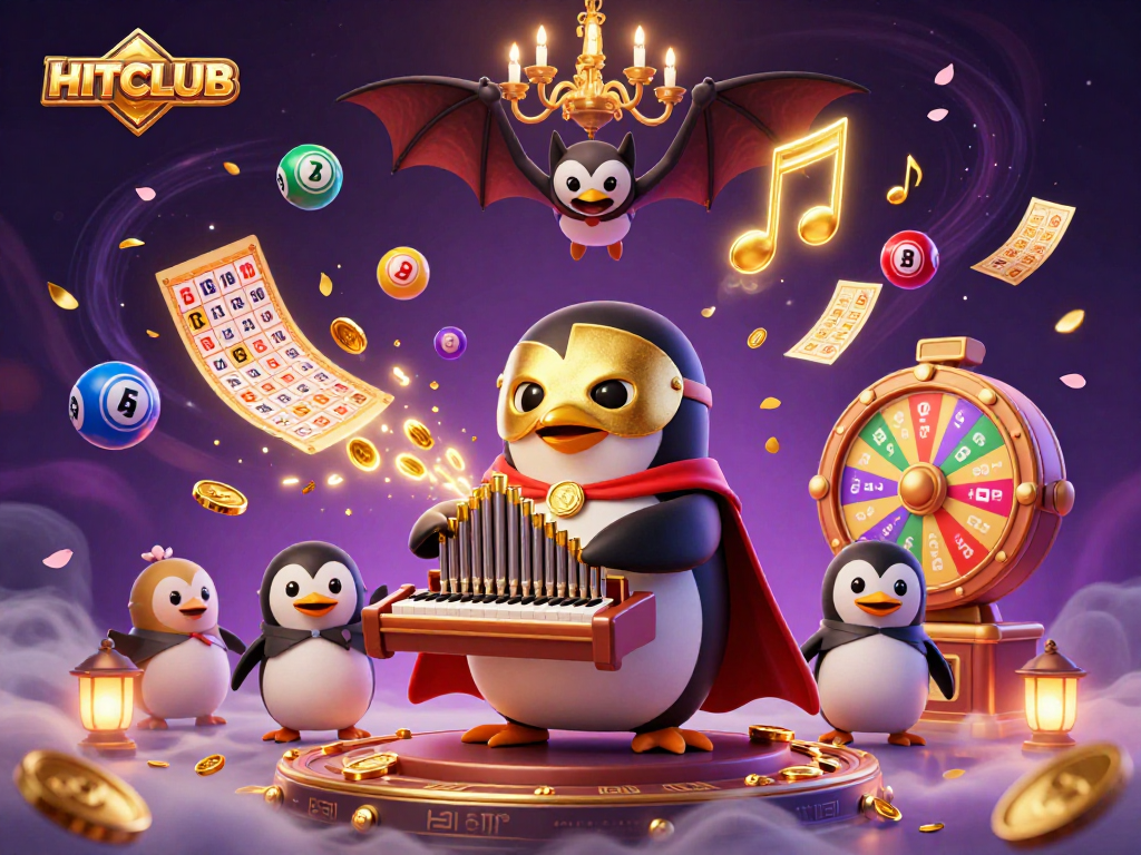 Hitclub brings lively gaming to life with a vibrant scene featuring a penguin organist and golden musical notes.