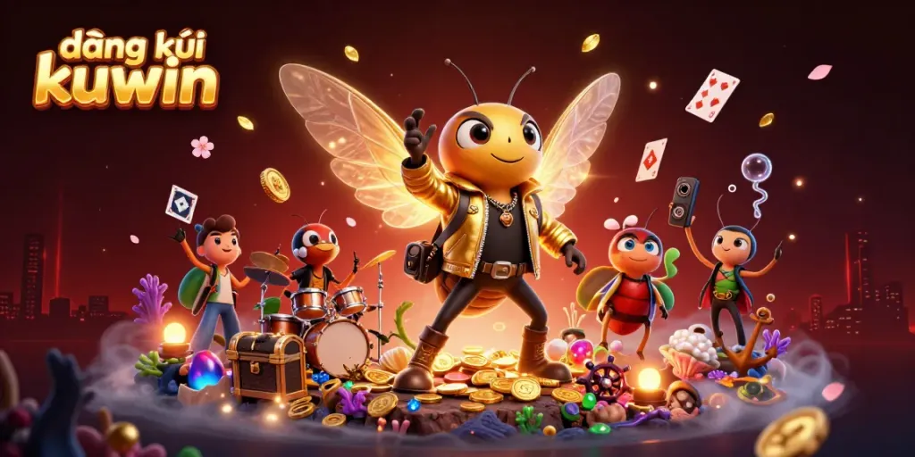 Exciting đăng ký kuwin scene with a rock star cicada, beetle drummer, and gold exploding treasure!