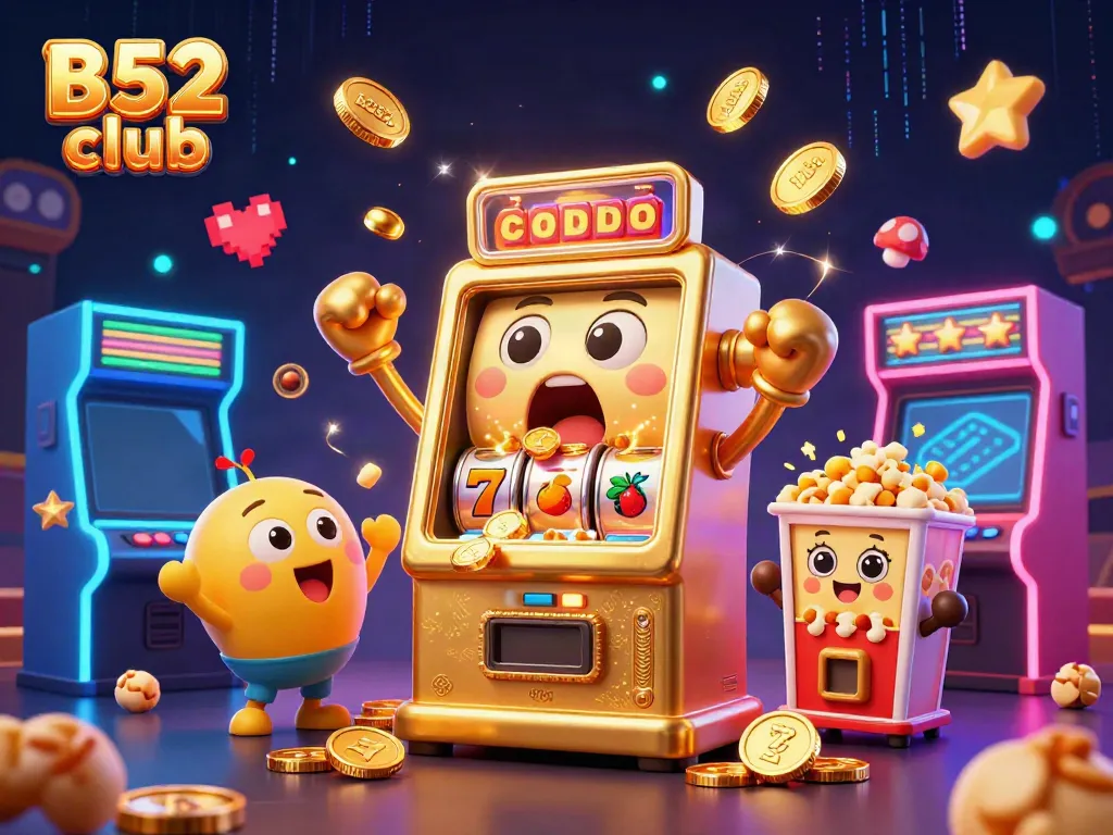 Experience the vibrant energy of B52 club illustrated in a dynamic gambling scene with a cartoon slot machine hitting a jackpot.