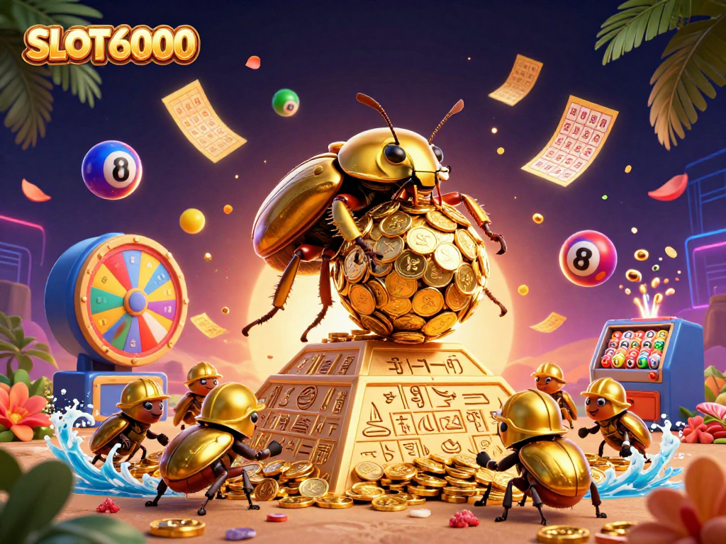 Experience winning moments with SLOT6000 through a vibrant 3D scene of golden beetles and exciting casino elements.