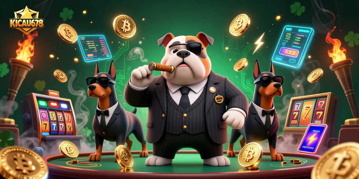KICAU678 offers thrilling casino experiences with a mafia-themed illustration featuring a bulldog boss with bodyguards.
