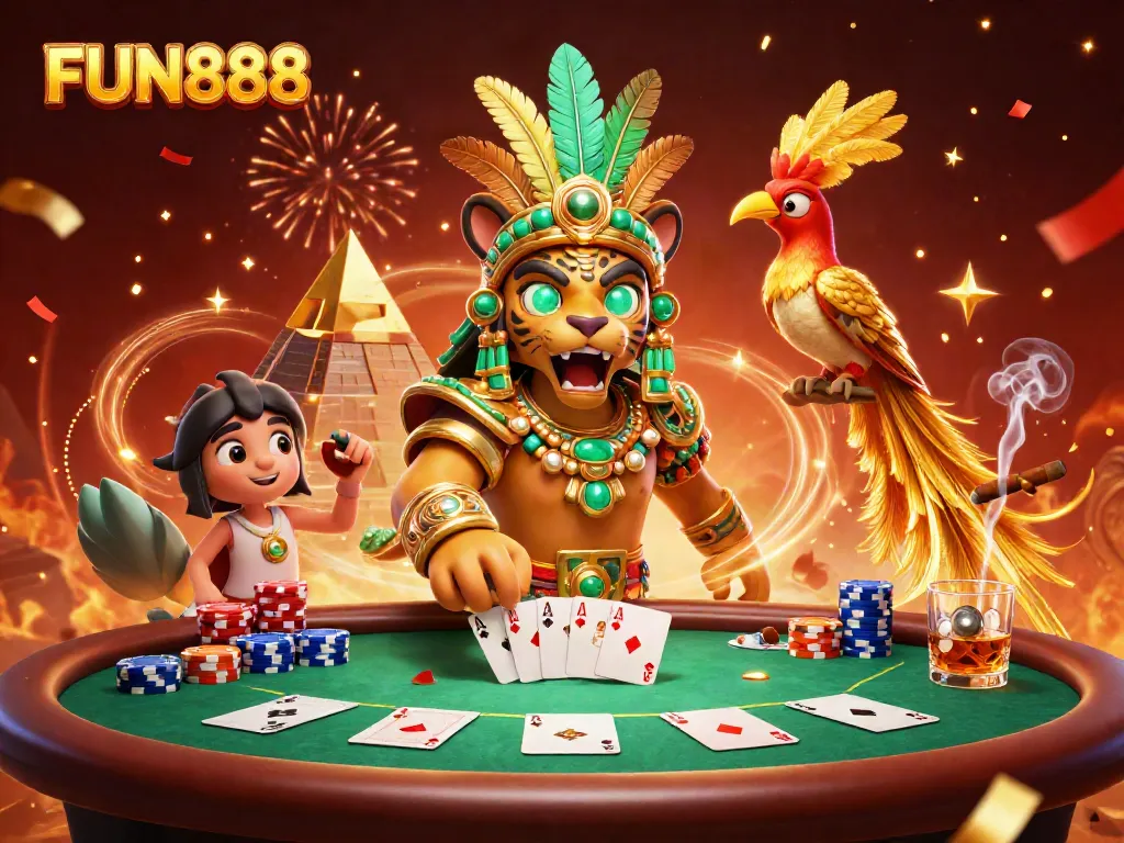 Engage with thrilling poker action at FUN888 featuring dynamic 3D characters and immersive casino elements.