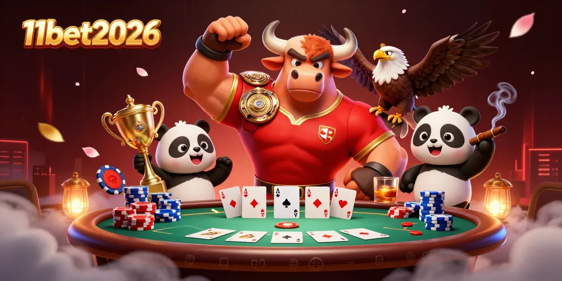 Engage with 11bet2026’s thrilling poker action featuring a victorious bull mascot.