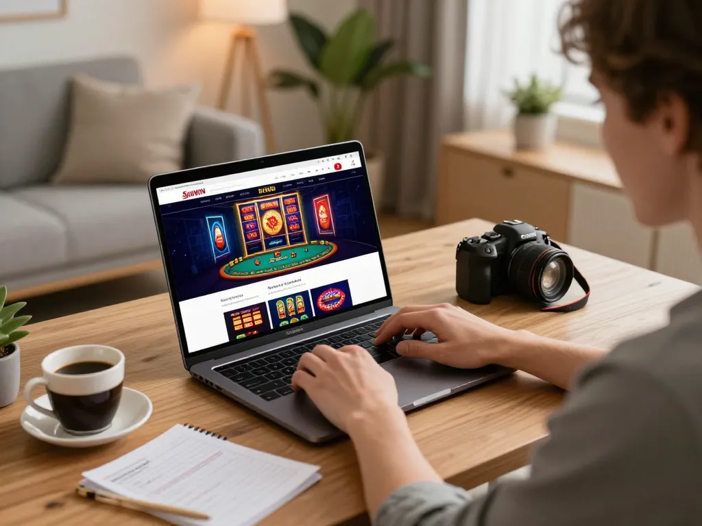 Player enjoying sunwin casino games on a laptop at home with cozy ambiance.