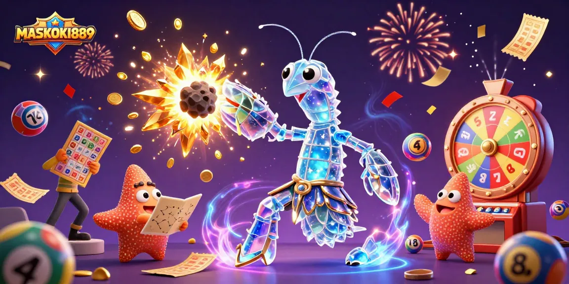 Engage with MASKOKI889's vibrant 3D casino scene featuring exploding treasures and dynamic lottery elements.