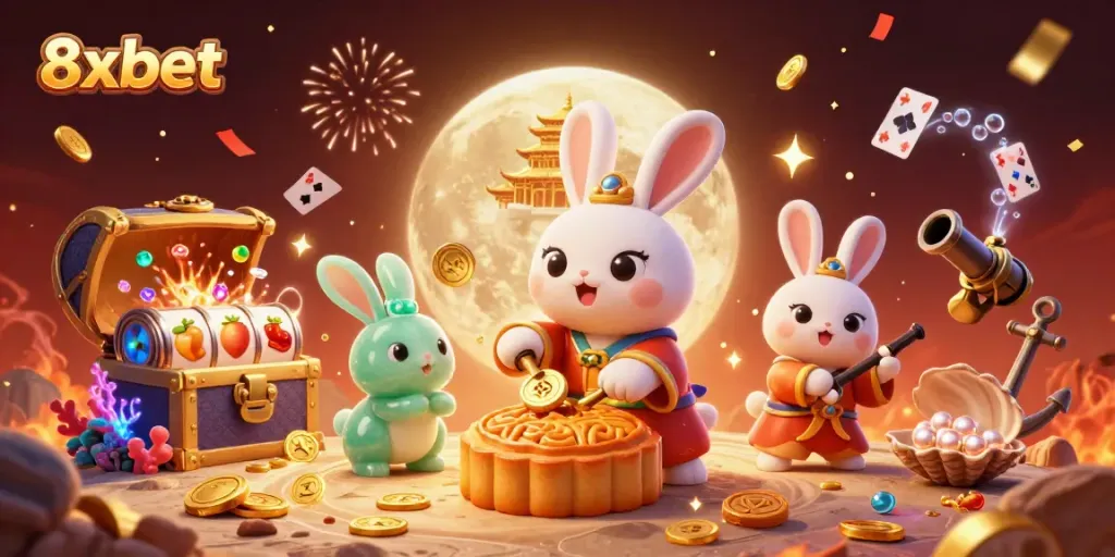 Experience 8xbet magic with animated moon rabbits revealing poker chips in an exciting casino atmosphere.