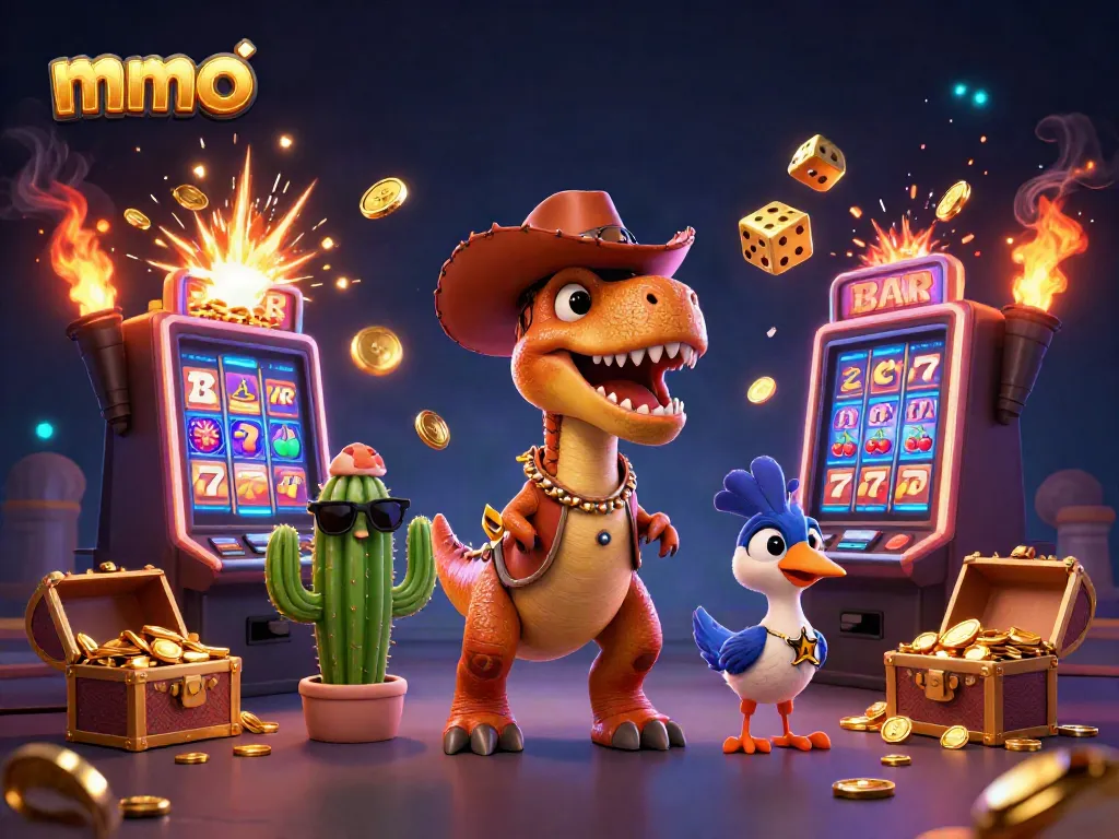 Engage with mmoo's vibrant casino scene featuring a T-Rex cowboy and exciting jackpots.