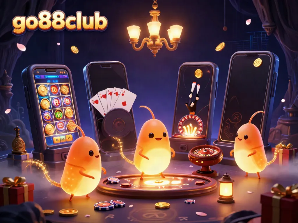 Illuminated cave casino scene highlighting the lively atmosphere of go88club featuring glowworms and a bat dealer.