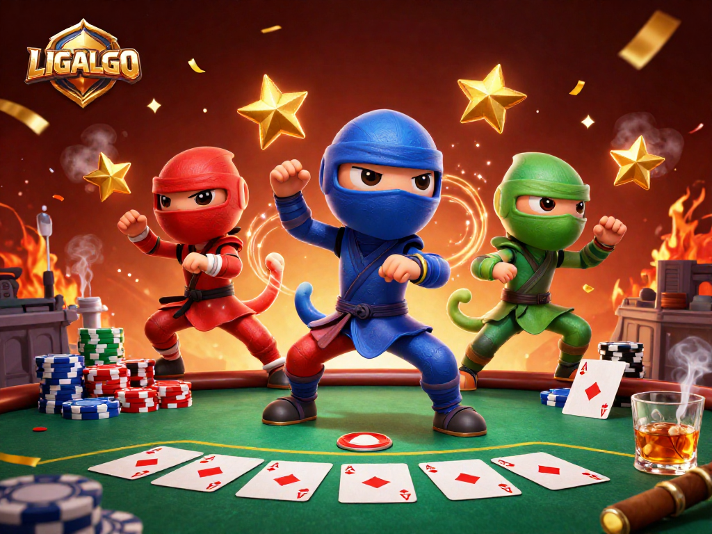 LIGALGO ninjas showcase synchronized martial arts on a rooftop amidst poker elements, creating vibrant casino energy.