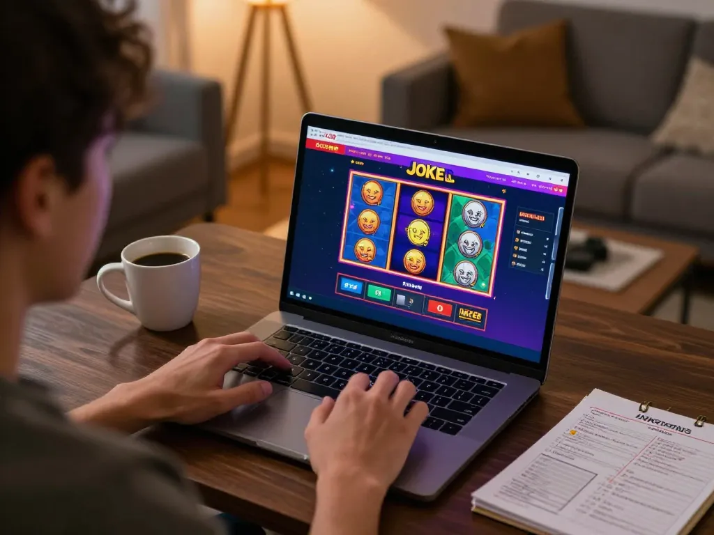 Engaging gameplay on IDC88 JOKER interface at home, showcasing online casino experience.