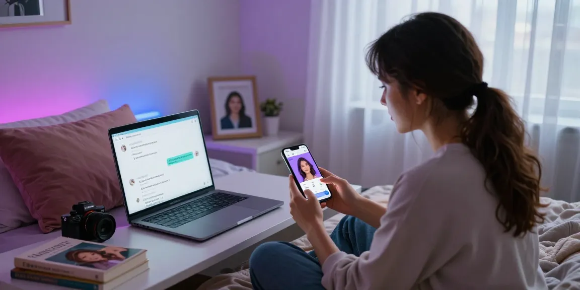 Engaging with an AI gf app in a cozy modern bedroom environment.