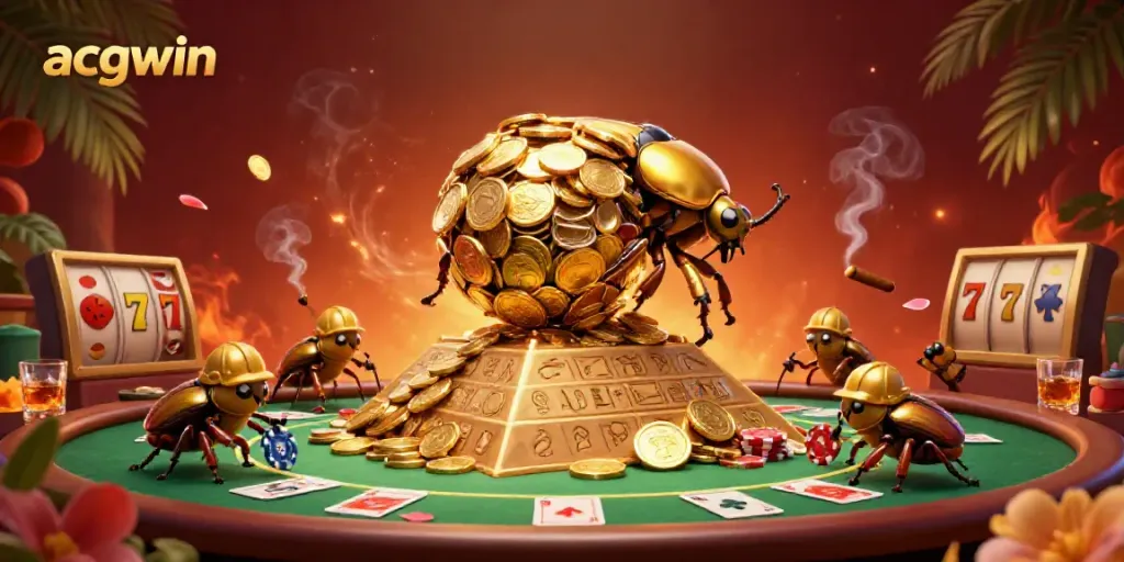 Engage with acgwin's dynamic casino experience as a golden dung beetle triumphantly rolls a coin ball surrounded by slot machines.